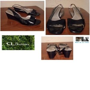C L By Laundry Black PatentLleather Wedges